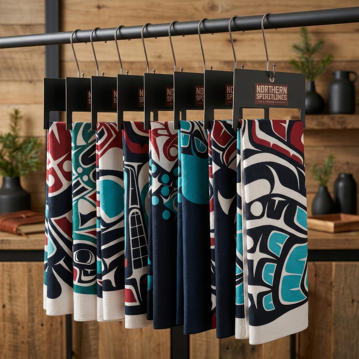 Branded tea towels merchandised on a rack